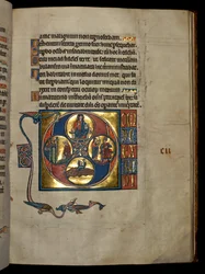 Ms 322 f.99r, Psalm 101, Initiale D, Christus segnet, David blickt auf Bathseba, Nathan tadelt David und der reuige David betet, Illustration aus dem 